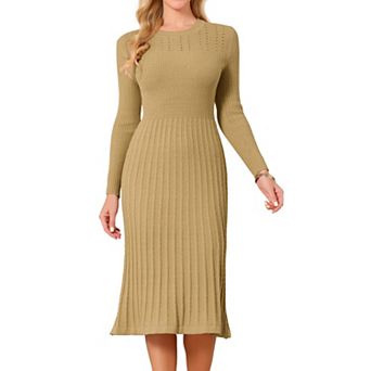 Women's Crewneck Sweater Dress Knit Long Sleeve Midi Ribbed A-Line Dress