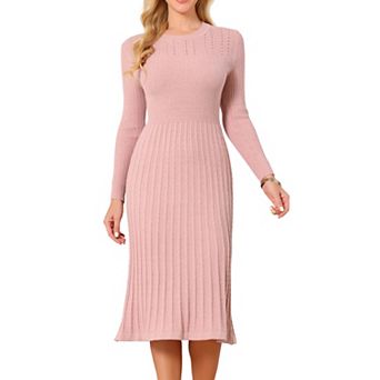 Women's Crewneck Sweater Dress Knit Long Sleeve Midi Ribbed A-Line Dress
