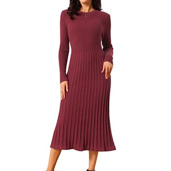 Women's Crewneck Sweater Dress Knit Long Sleeve Midi Ribbed A-Line Dress