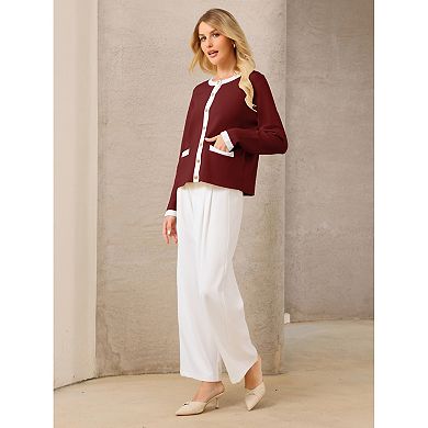 Women's Button Down Cardigan Sweater Crewneck Contrast Trim Long Sleeve Knit Ribbed Jacket