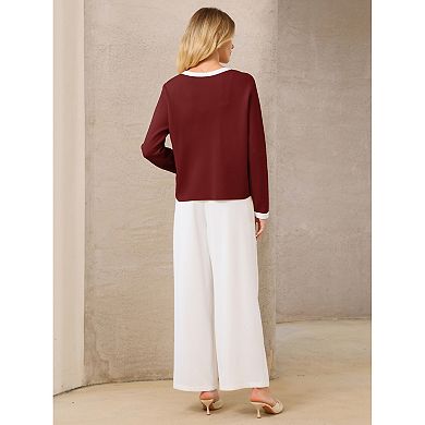 Women's Button Down Cardigan Sweater Crewneck Contrast Trim Long Sleeve Knit Ribbed Jacket