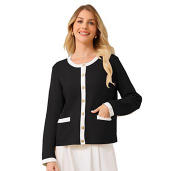 Women's Button Down Cardigan Sweater Crewneck Contrast Trim Long Sleeve Knit Ribbed Jacket