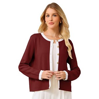 Women's Button Down Cardigan Sweater Crewneck Contrast Trim Long Sleeve Knit Ribbed Jacket