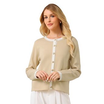 Women's Button Down Cardigan Sweater Crewneck Contrast Trim Long Sleeve Knit Ribbed Jacket
