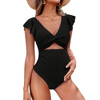 Women's Maternity One Piece Swimsuits Textured Twist Cut Out V Neck Ruffled Pregnancy Bathing Suits
