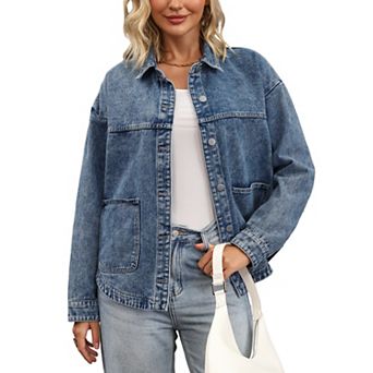 Women's Denim Jacket Long Sleeve Button Down Casual Western Shacket with Pockets Jean Jackets