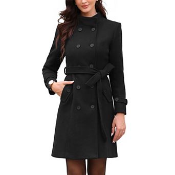 Double Breasted Trench Pea Coat for Womens Elegant Long Sleeve Winter Outerwear with Pockets