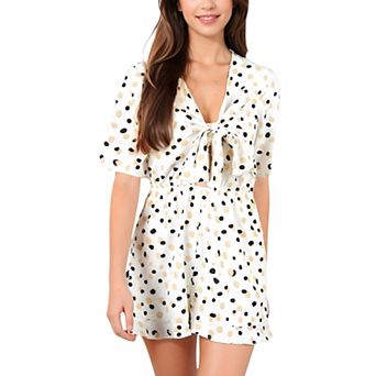 Women's Polka Dot Short Sleeve Tie Front Romper with Elastic Waist for Casual Looks