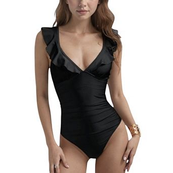 Women's One Piece Swimsuit with Ruffle Shoulder Straps Deep V-Neckline and Front Ruched Detail
