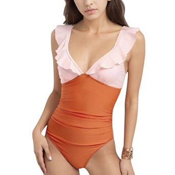 Women's One Piece Swimsuit with Ruffle Shoulder Straps Deep V-Neckline and Front Ruched Detail