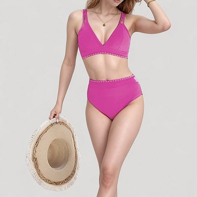 Women's High Waist Bikini Set with Triangle Trim Details and Adjustable Straps