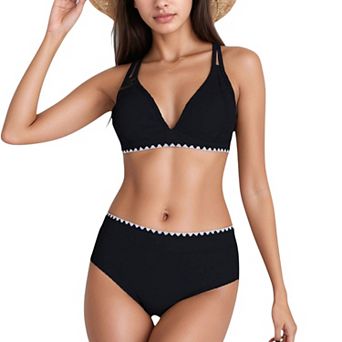 Women's High Waist Bikini Set with Triangle Trim Details and Adjustable Straps