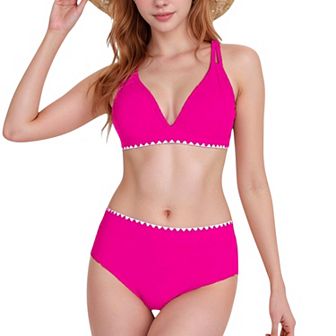 Women's High Waist Bikini Set with Triangle Trim Details and Adjustable Straps