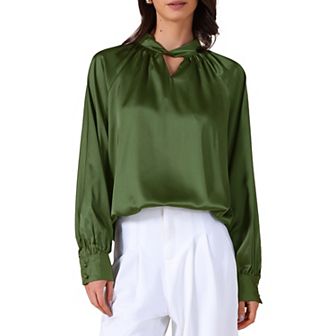 Women's Satin Silk Tops V Neck Long Sleeves Elegant Blouse