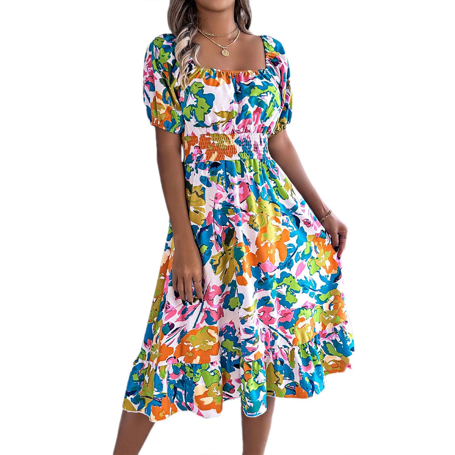 Женские платья Puff Sleeve Square Neck Babydoll Dress Boho Print Off Shoulder Ruffle Mini Short Dress