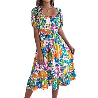Women's Puff Sleeve Square Neck Babydoll Dress Boho Print Off Shoulder Ruffle Mini Short Dress