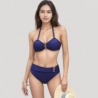 Women's High Waist Bikini Set with Shell-Inspired Ring Detail and Adjustable Halter Strap