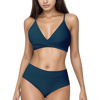 Women's V-Neck Bikini Swimsuit with Crossover Top and High Waist Bottom