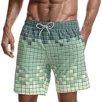 Men's Gradient Checkered Swim Trunks with Drawstring Waistband and Quick-Dry Lightweight Fabric