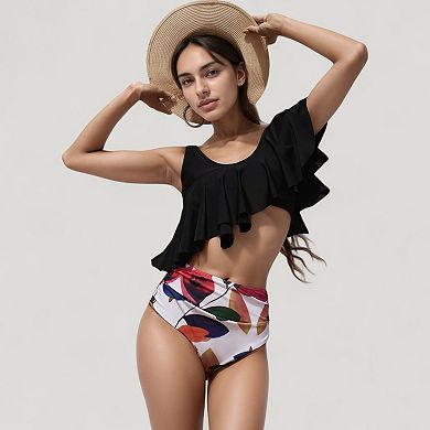 Women's One Shoulder Ruffle Bikini Top with High Waist Abstract Print Bottom
