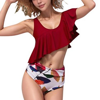 Women's One Shoulder Ruffle Bikini Top with High Waist Abstract Print Bottom
