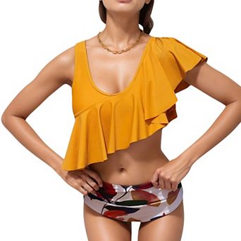 Women's One Shoulder Ruffle Bikini Top with High Waist Abstract Print Bottom