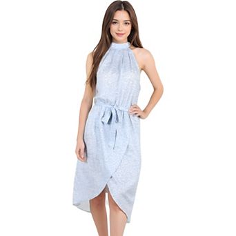 Women's High Neck Wrap Dress with Tie Waist and Subtle Leopard Print