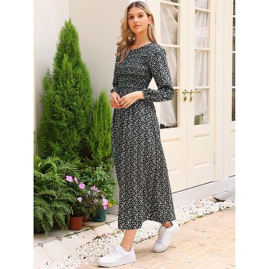 Floral Smocked Long Dress for Women's Long Puffy Sleeve A-Line Summer Boho Maxi Dresses