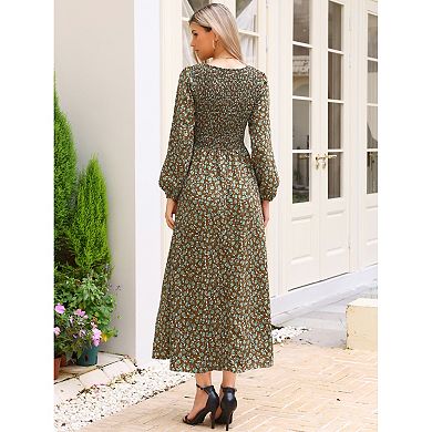 Floral Smocked Long Dress for Women's Long Puffy Sleeve A-Line Summer Boho Maxi Dresses