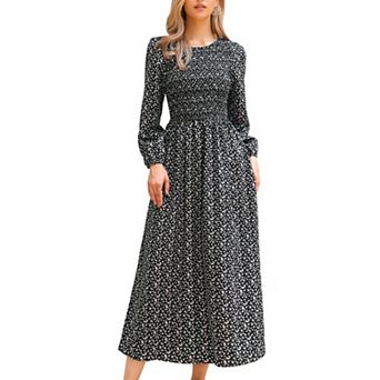 Floral Smocked Long Dress for Women's Long Puffy Sleeve A-Line Summer Boho Maxi Dresses