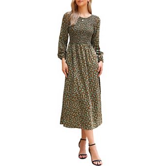 Floral Smocked Long Dress for Women's Long Puffy Sleeve A-Line Summer Boho Maxi Dresses