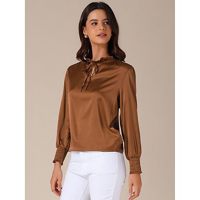 Women's Satin Tops Long Sleeve Keyhole Dressy Bow Mock Neck Blouse Casual Work Office Shirts