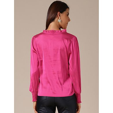 Women's Satin Tops Long Sleeve Keyhole Dressy Bow Mock Neck Blouse Casual Work Office Shirts