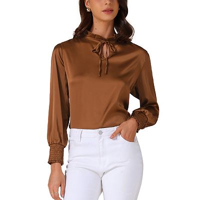 Women's Satin Tops Long Sleeve Keyhole Dressy Bow Mock Neck Blouse