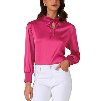 Women's Satin Tops Long Sleeve Keyhole Dressy Bow Mock Neck Blouse Casual Work Office Shirts