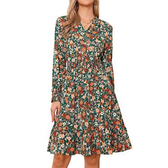Long Sleeve Dress for Women's V Neck Floral Smocked High Waist Ruffle A Line Knee Length Dresses