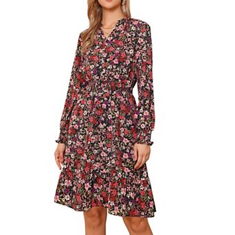 Long Sleeve Dress for Women's V Neck Floral Smocked High Waist Ruffle A Line Knee Length Dresses