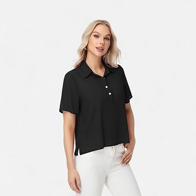 Women's Short Sleeve Collared Blouse with Button Placket and Relaxed Fit Design