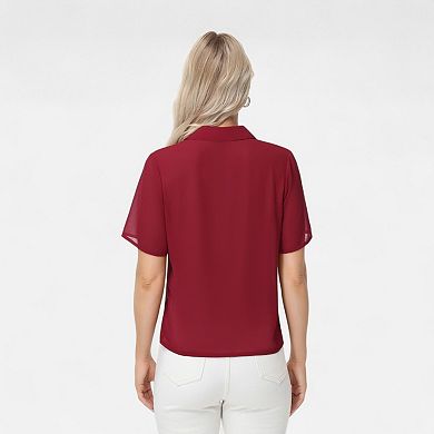 Women's Short Sleeve Collared Blouse with Button Placket and Relaxed Fit Design