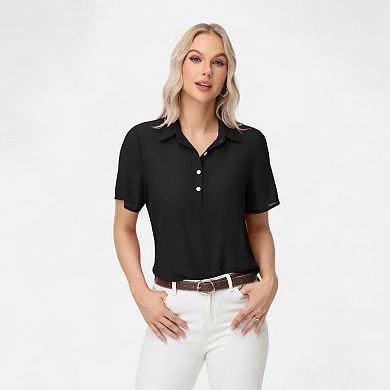 Women's Short Sleeve Collared Blouse with Button Placket and Relaxed Fit Design