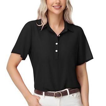 Women's Short Sleeve Collared Blouse with Button Placket and Relaxed Fit Design