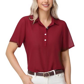 Women's Short Sleeve Collared Blouse with Button Placket and Relaxed Fit Design