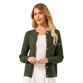 Women's Button Down Cardigan Sweater Crewneck Long Sleeve Knit Ribbed Jacket