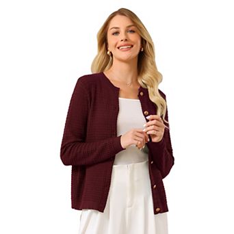 Women's Button Down Cardigan Sweater Crewneck Long Sleeve Knit Ribbed Jacket
