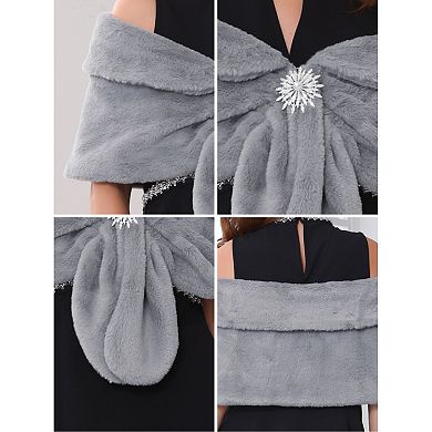 Women's Bridal Faux Fur Shawl Cape Wedding Party Wrap with Faux Pearl Rhinestone Brooch