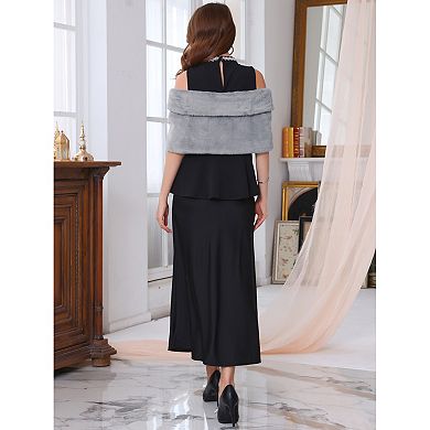 Women's Bridal Faux Fur Shawl Cape Wedding Party Wrap with Faux Pearl Rhinestone Brooch