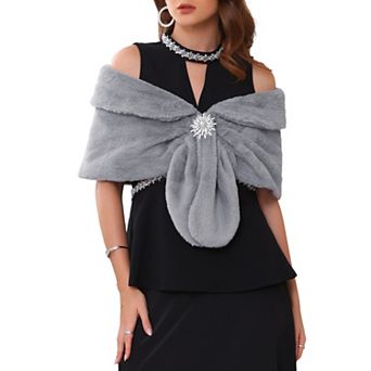 Women's Bridal Faux Fur Shawl Cape Wedding Party Wrap with Faux Pearl Rhinestone Brooch