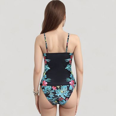 Women's High Neck One Piece Swimsuit with Floral Side Panels and Ruched Waist Detail