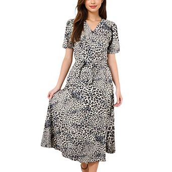 Women's Leopard Print Midi Dress with Short Sleeves and Waist Tie