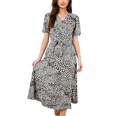 Women's Leopard Print Midi Dress with Short Sleeves and Waist Tie